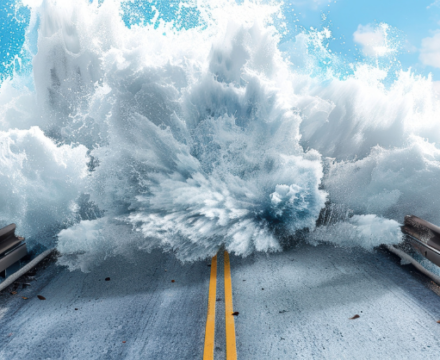 A massive wave crashes over a broken road bridge, sending water and spray into the air under a bright blue sky with scattered clouds.