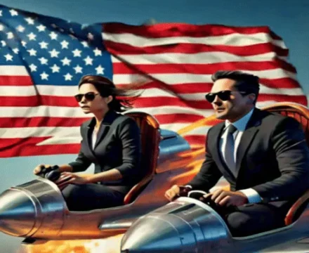 Two people in suits and sunglasses ride rocket-powered vehicles, with flames behind them. A large American flag waves in the background under a bright sky.