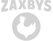 The image shows the Zaxbys logo with the word ZAXBYS above a stylized white chicken inside a dark circle.